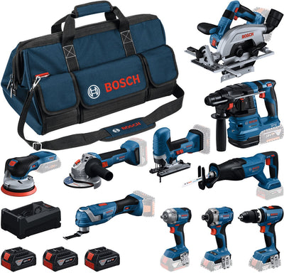 Bosch Blue 10 Werkzeugsatz 18V | Kombipaket 3 x 5,0 Ah + Ladegerät | in Werkzeugtasche - 0615a500eh