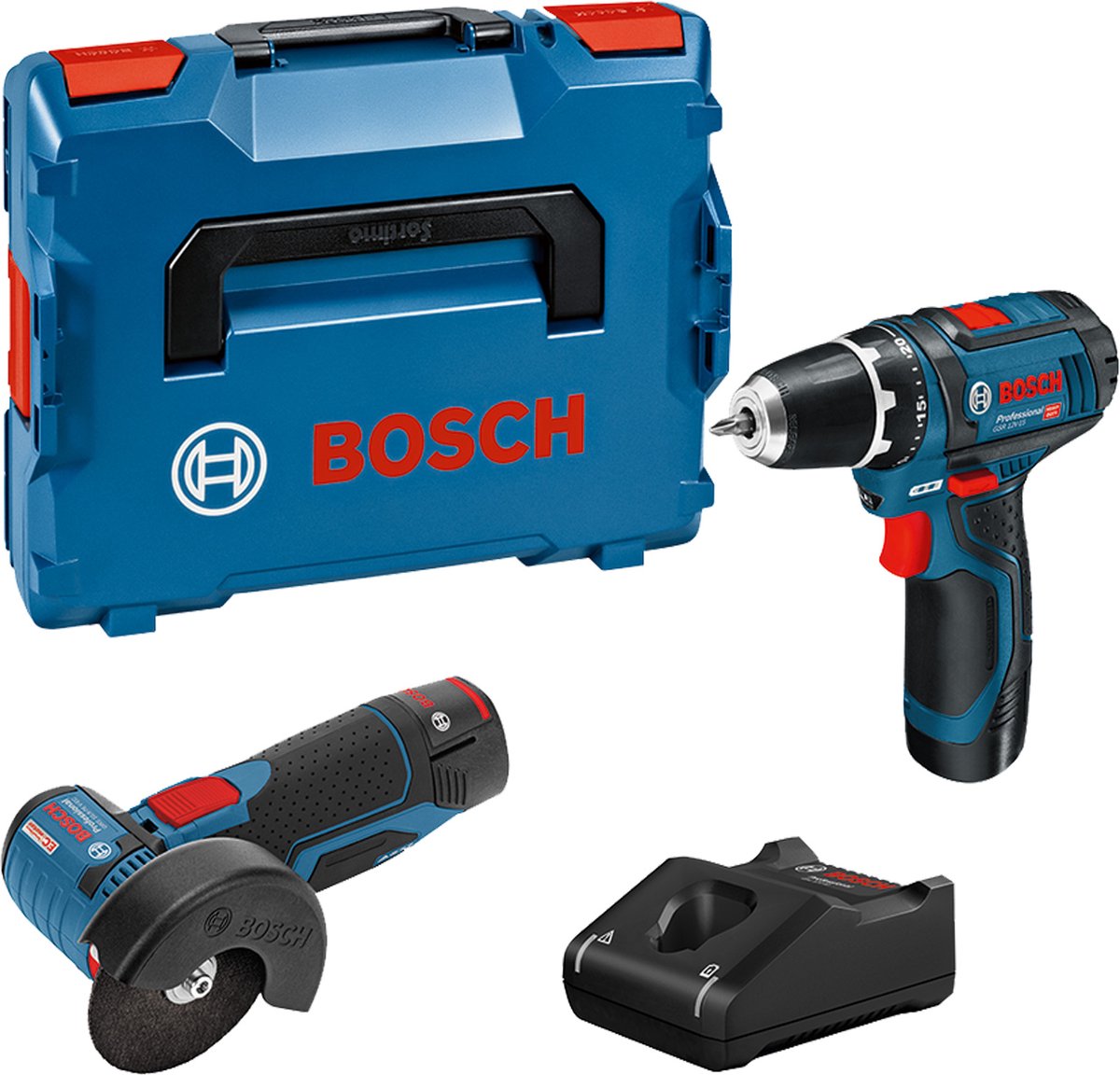 Bosch Professional Akku-Kombinationspaket 12 V GSR 12–15 + GWS 12 V-76 2,0 Ah in L-Boxx – 0615990N2U