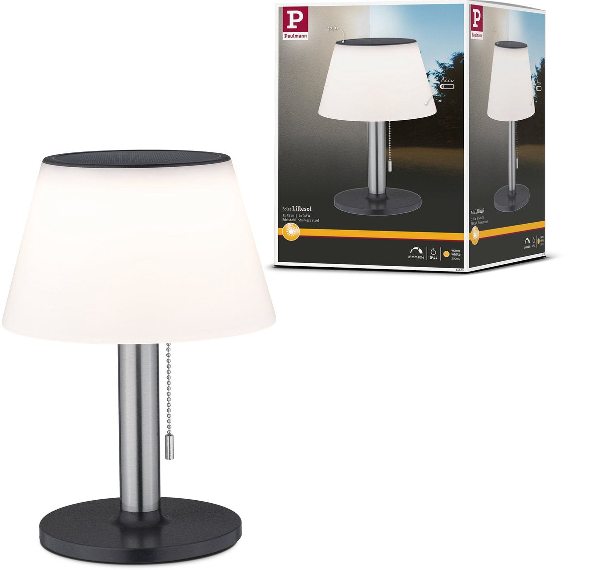 Paulmann Solar-LED-Tischleuchte 3-Stufen-Dim Lillesol IP44 3000K 45lm Edelstahl