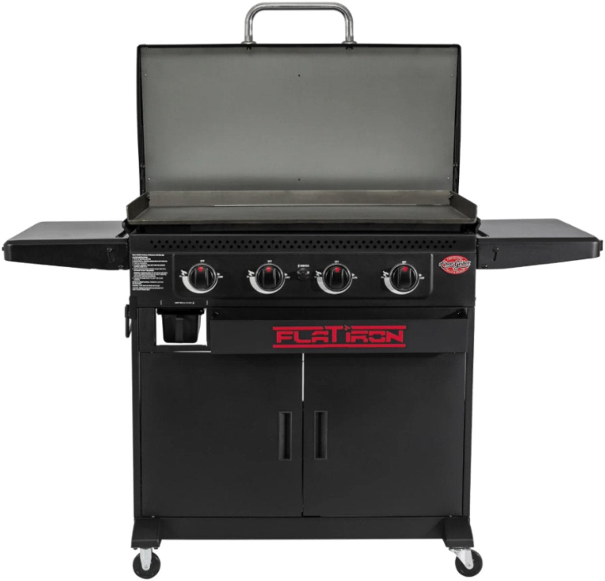 Holzkohlegriller, Flacheisen-Gas-Plancha mit 4 Brennern und Deckel – Gas-Grillplatte mit Unterschrank – große Stahl-Grillplatte mit Porzellanbeschichtung – für 6–8 Personen