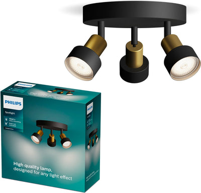 Philips LED Philips Conduit Spot – Deckenstrahler mit drei Lichtpunkten – Schwarz mit goldenem Design – Gu10-LED-Fassung – runde Grundplatte