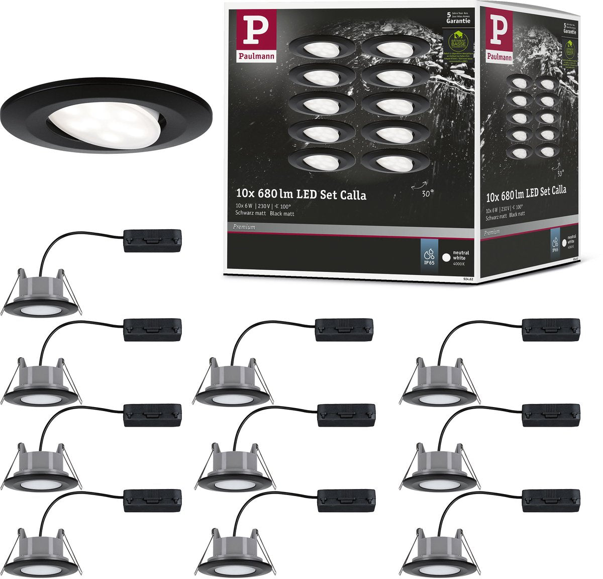 Paulmann LED Einbauleuchte Calla Basisset schwenkbar IP65 rund 90 mm 30° 10x6W 10x500lm 230V 4000K Schwarz matt