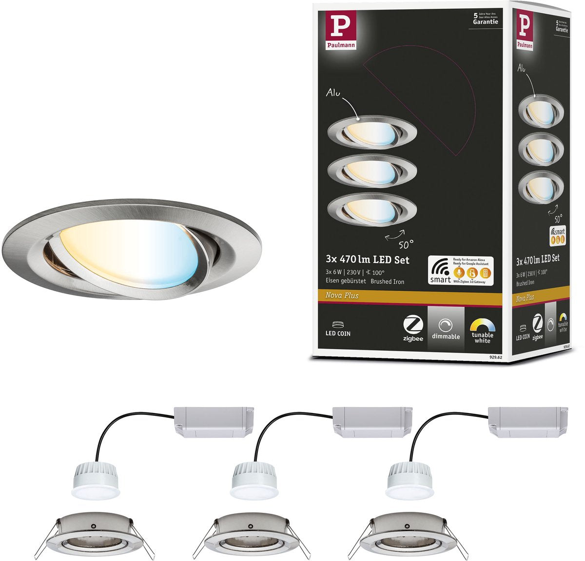 Paulmann LED Einbauleuchte Smart Home Zigbee 3.0 Nova Plus Coin Basisset schwenkbar rund 84mm 50° Coin 3x6W 3x470lm 230V dimmbar Tunable White Brushed Steel