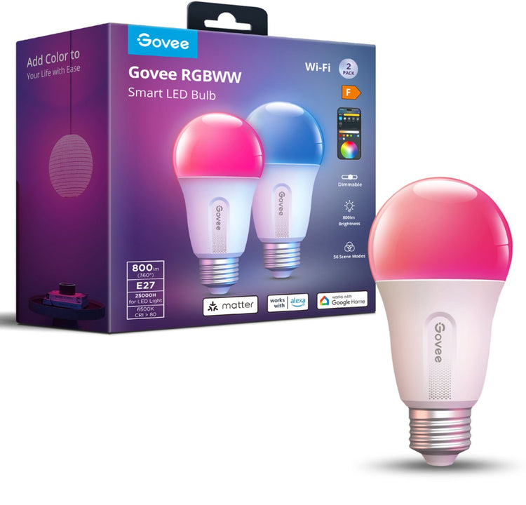 Govee Smart Lampe E27 Matter RGBWW 6 cm – 800 Lumen – 2er-Pack