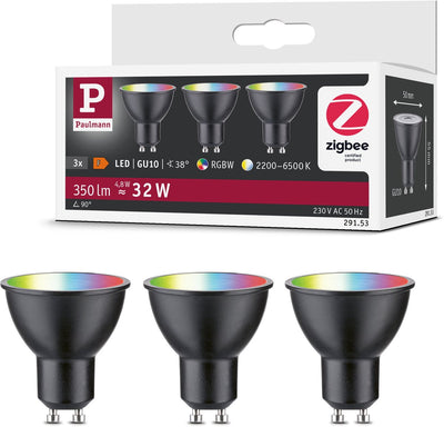 Paulmann Standard 230V Smart Home ZigBee 3.0 LED Reflektor Gu10 3x350LM 3x4,8W RGBW+ Dimmbar Schwarz Matt