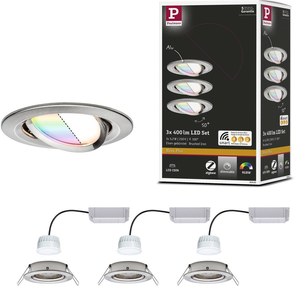 Paulmann LED Einbauleuchte Smart Home Zigbee 3.0 Nova Plus Coin Basisset schwenkbar rund 84mm 50° Coin 3x5,2W 3x400lm 230V dimmbar RGBW+ Stahl gebürstet