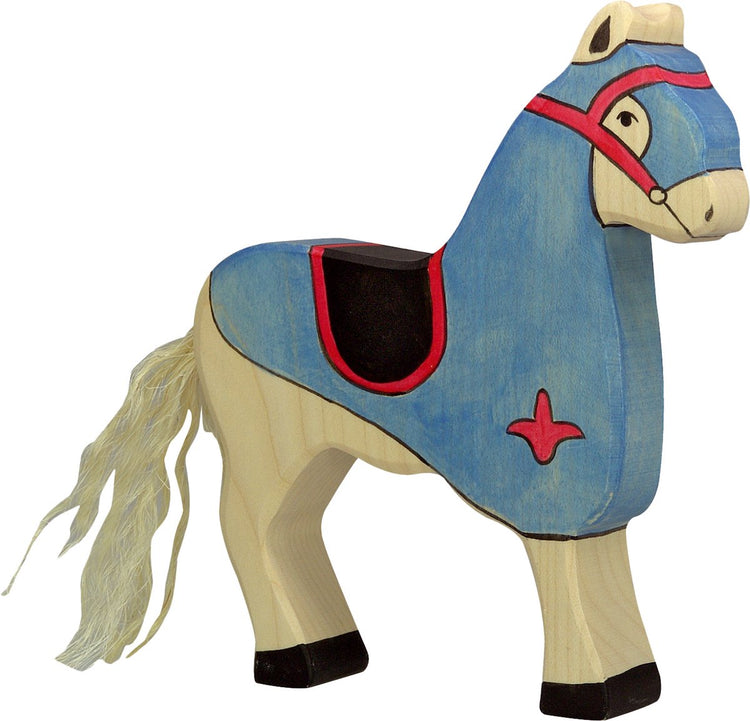 Holztiger Märchen und Ritter - Wettkampfpferd blau - 15x3x17cm - Holzfigur - handgefertigt
