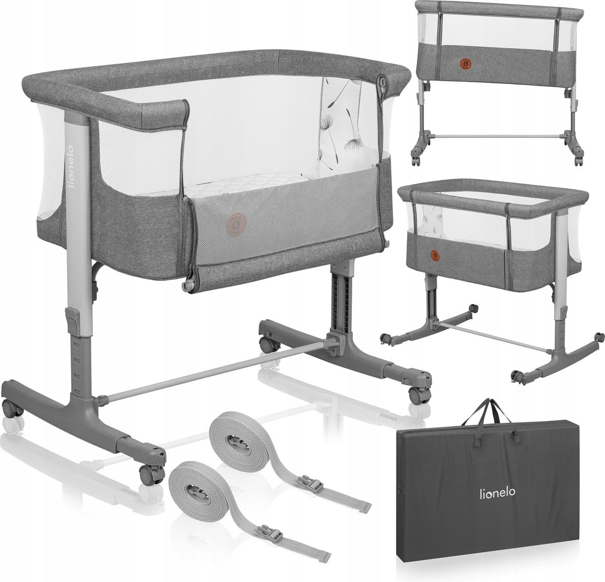Lionelo Aurora 3in1 Beistellbett – Babybett bis 9 kg – Mitwachsbett – 4 Rollen mit Bremse – Campingbett – höhenverstellbar – atmungsaktives Netz – inklusive Matratzen-Transporttasche – abnehmbarer Bezug