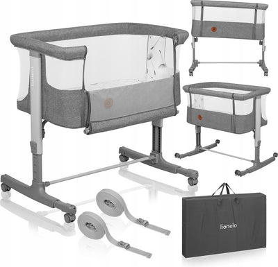 Lionelo Aurora 3in1 Beistellbett – Babybett bis 9 kg – Mitwachsbett – 4 Rollen mit Bremse – Campingbett – höhenverstellbar – atmungsaktives Netz – inklusive Matratzen-Transporttasche – abnehmbarer Bezug