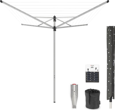 Brabantia Lift-o-matic Wäschetrockner – 40 m – mit Erdanker aus Metall – Schutzhülle – Wäscheklammerbeutel und Wäscheklammern – Metallic-Grau