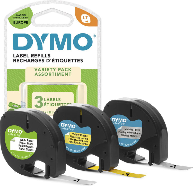 Dymo Original-Letratag-Etiketten-Starterpaket mit Papier-, Kunststoff- und Metalletiketten | 12mm x 4m auf Rolle | selbstklebend | 3 Rollen | für Letratag-Etikettendrucker