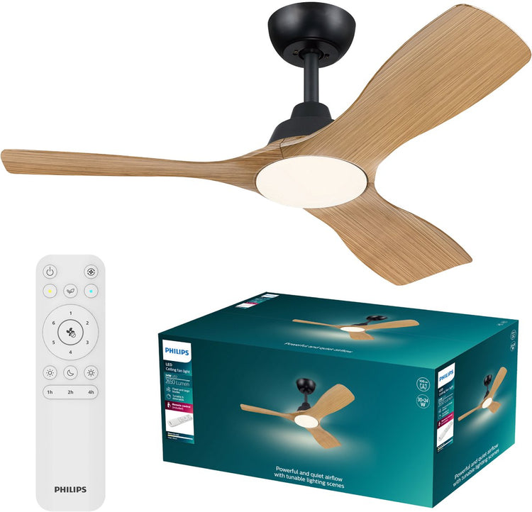 Philips LED Philips Olas Ventilator mit LED-Lampe – Durchmesser: 106 cm – einstellbares weißes Licht von 3000 K bis 6500 K – dimmbar bis zu 5 % – inklusive Fernbedienung – 2650 Lumen – schwarzes Holz