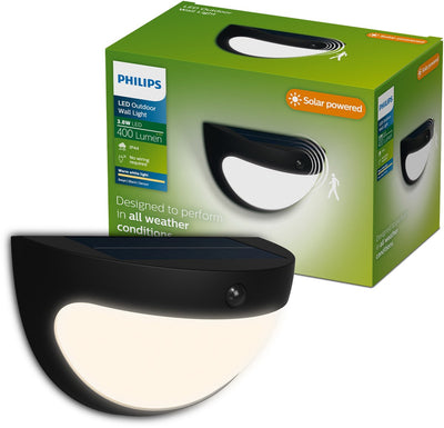 Philips LED Philips Swyn Solar-Wandleuchte – Solarenergie – warmweißes Licht: 2700 K – Schwarz – zwei Lichtmodi – Dämmerungssensor – Bewegungssensor – IP44: wetterfest – Solar-Außenbeleuchtung