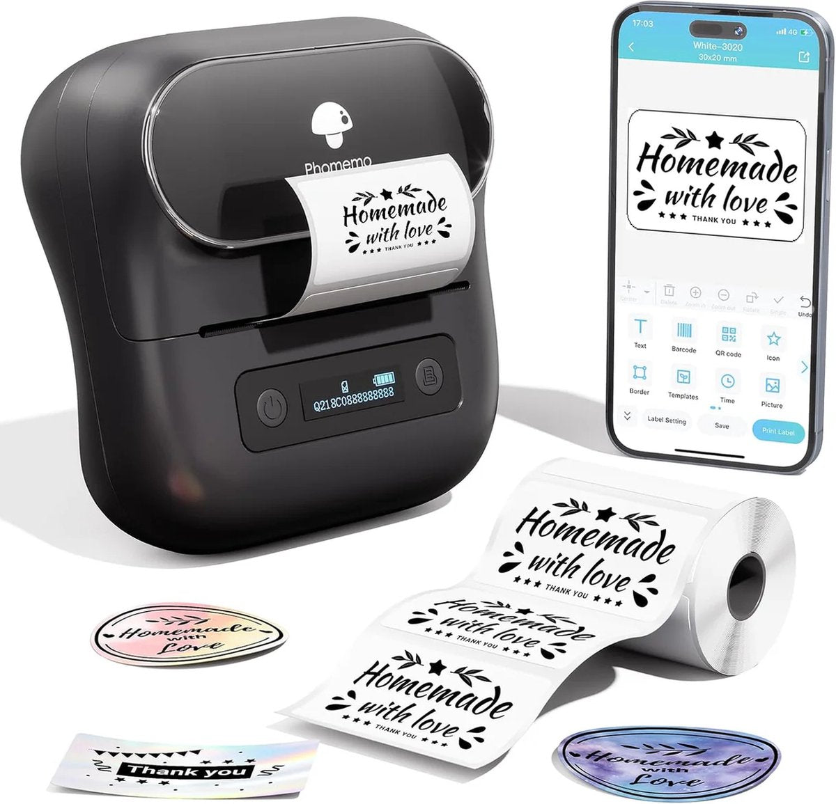 Phomemo m220 – tragbarer Etikettendrucker – kabelloser Thermo-Etikettendrucker – mit App – Etiketten inklusive – Bluetooth – Schwarz
