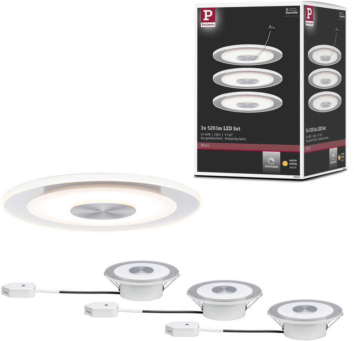 Paulmann Premium LED Einbauleuchte Whirl Basisset rund 120 mm 3x4,9W 3x180lm 230V dimmbar 3000K Aluminium gedreht, satiniert