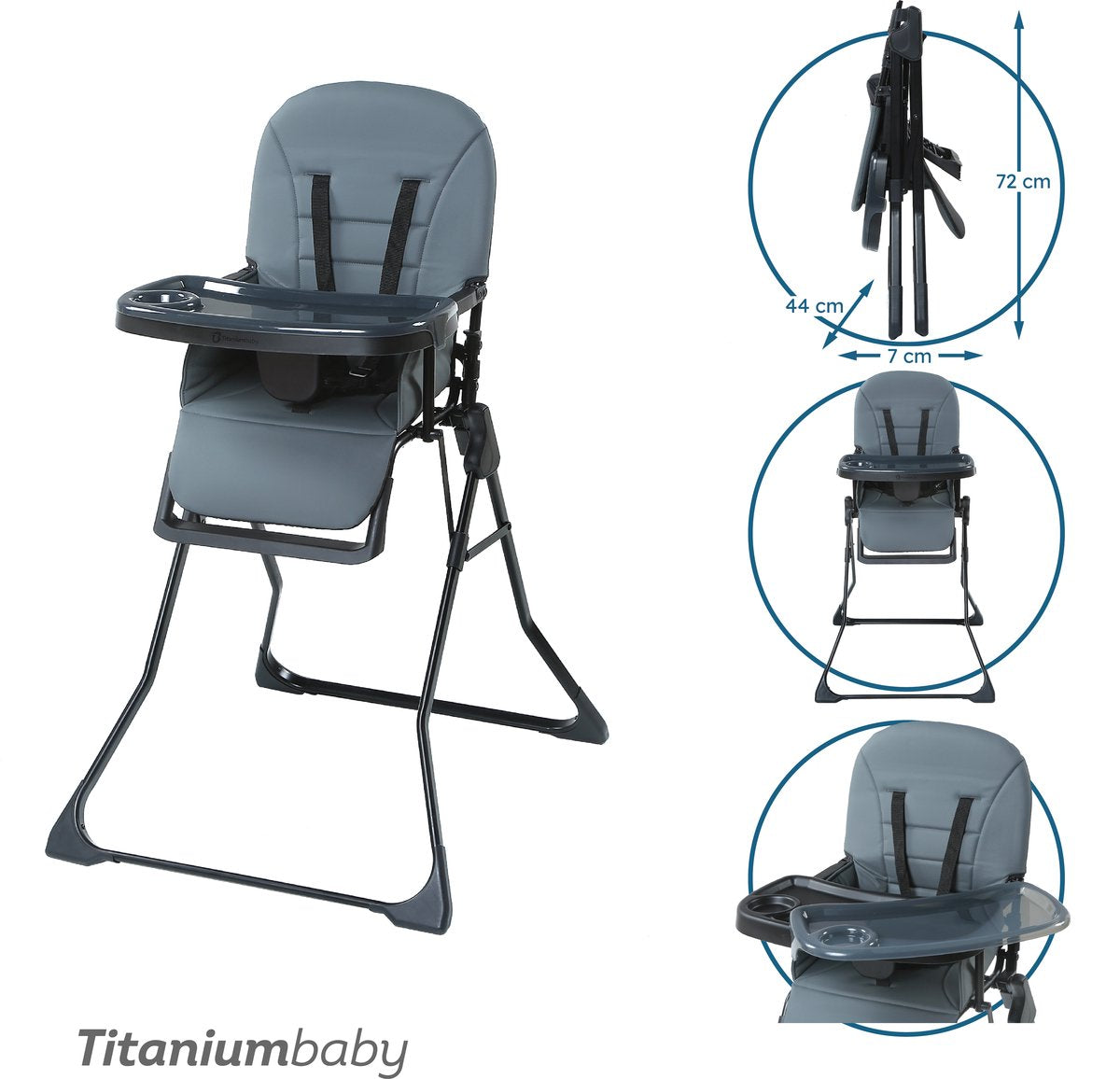 Titanium Baby Titan-Babyhochstuhl Bistro Anthrazit, leicht zu reinigende Polsterung, extra herausnehmbares Esszimmertablett, verstellbares Esszimmertablett, kompaktes, faltbares Design