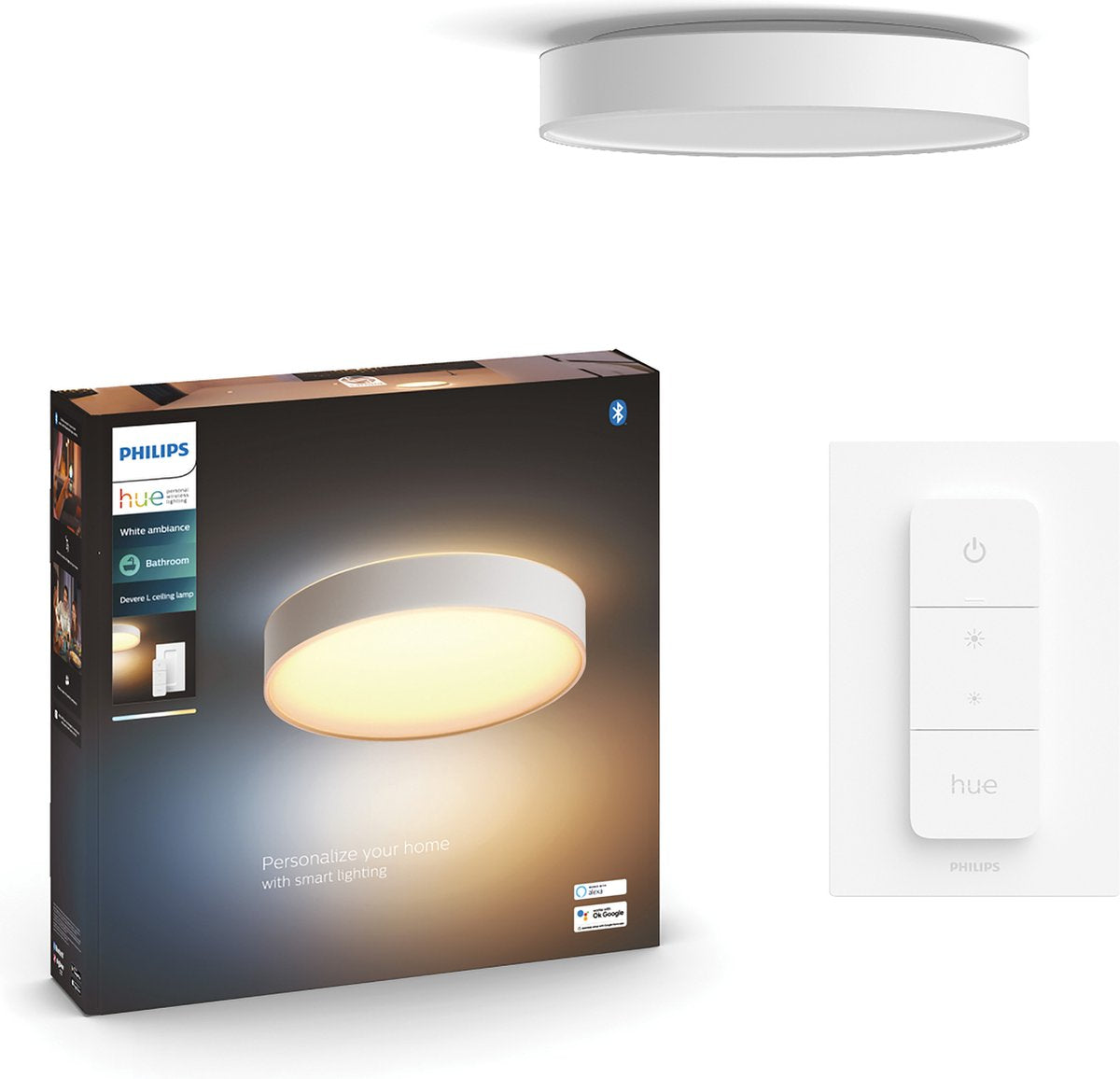 Philips Hue Devere Badezimmer-Deckenleuchte – warmes bis kaltweißes Licht – weiß – 38 cm – 1 Dimmschalter