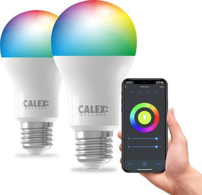 Calex Smart-Lampe – 2er-Set – WiFi-LED-Beleuchtung – E27 – intelligente Lichtquelle – dimmbar – RGB und Warmweiß – 9,4 W