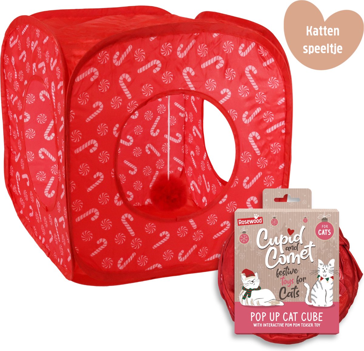 Rosewood Amor Komet – Katzenspielzeug – Pop-up-Katzenwürfel – Weihnachtsgeschenk – Zuckerstangen-Aufdruck
