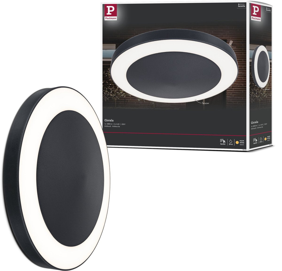 Paulmann LED Deckenleuchte circula Dämmerungssensor dämmerungsgesteuerter Bewegungsmelder (IR) seewasserbeständig IP44 rund 320 mm 3000K 14W 880lm 230V Anthrazit Kunststoff