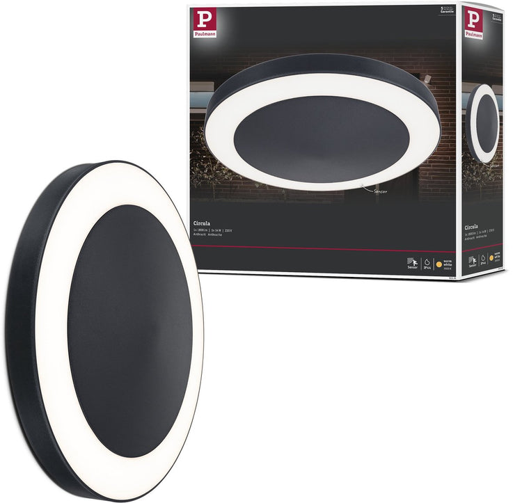 Paulmann LED Deckenleuchte circula Dämmerungssensor dämmerungsgesteuerter Bewegungsmelder (IR) seewasserbeständig IP44 rund 320 mm 3000K 14W 880lm 230V Anthrazit Kunststoff