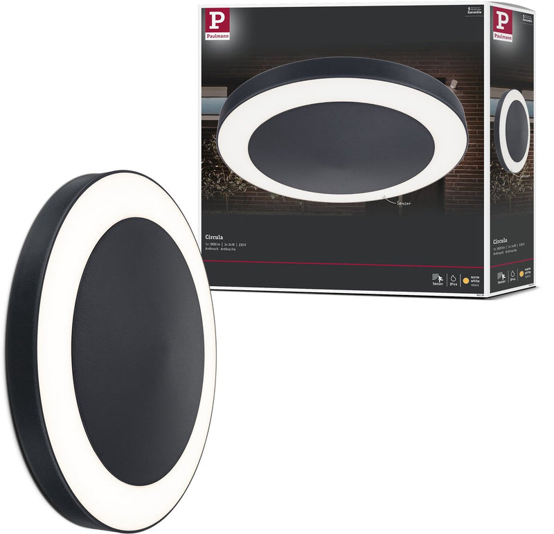 Paulmann LED Deckenleuchte circula Dämmerungssensor dämmerungsgesteuerter Bewegungsmelder (IR) seewasserbeständig IP44 rund 320 mm 3000K 14W 880lm 230V Anthrazit Kunststoff