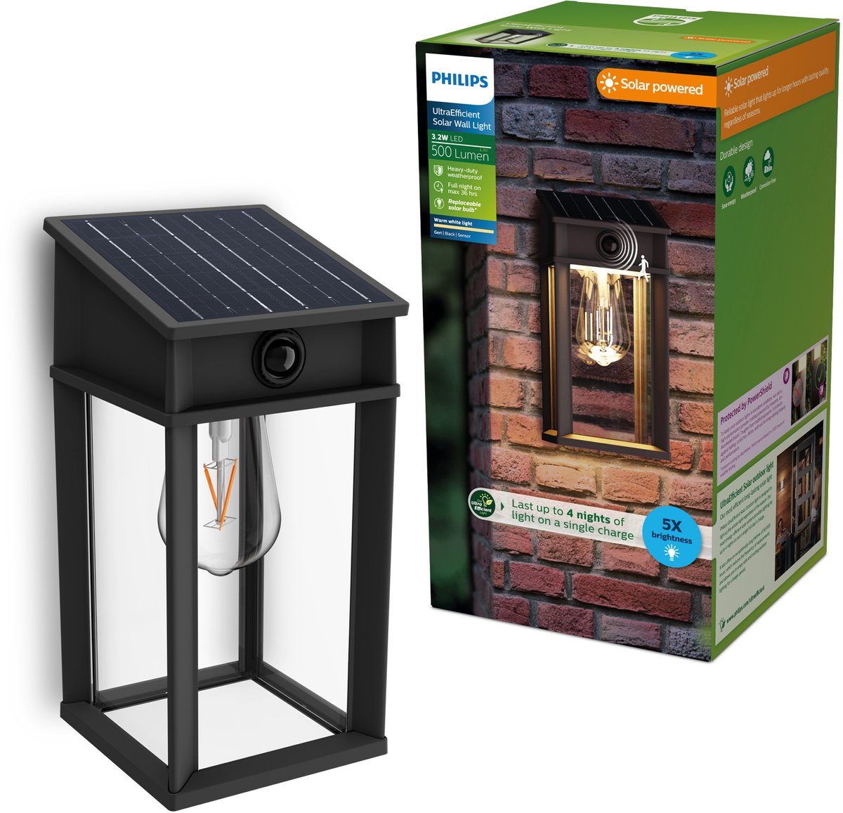 Philips LED Philips Geri Wandleuchte – ultraeffiziente LED – Solar-Außenleuchte – warmweißes Licht 2700 K – Schwarz – rechteckiges Design – Bewegungssensor – Solarenergie – Dämmerungssensor