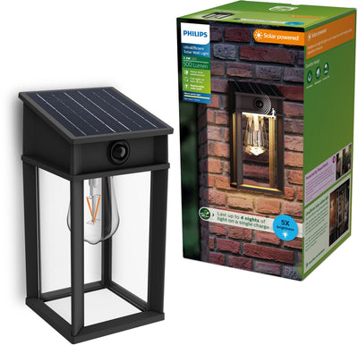 Philips LED Philips Geri Wandleuchte – ultraeffiziente LED – Solar-Außenleuchte – warmweißes Licht 2700 K – Schwarz – rechteckiges Design – Bewegungssensor – Solarenergie – Dämmerungssensor