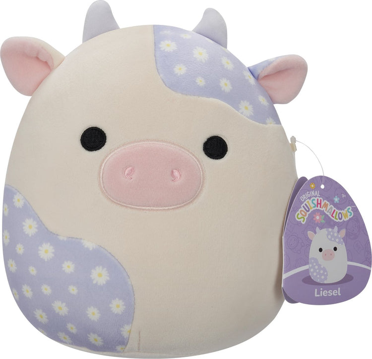 Jazwares Squishmallows – kleines Plüschtier – Liesel – cremefarbene und lavendelfarbene Kuh mit Blumendruck – 19 cm großes Plüschtier