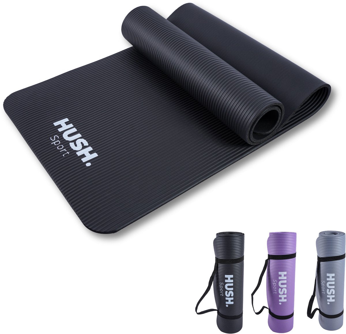 Hush Sport – Yogamatte 180 x 60 cm – 8 mm dicke Polsterung NBR – für Yoga, Pilates-Fitness – inklusive praktischem Tragegurt – leicht und rollbar – Schwarz