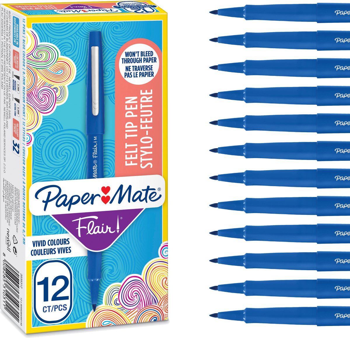 Paper Mate Flair Filzstifte | mittlere Spitze (0,7 mm) | blaue Tinte | 36 Stück