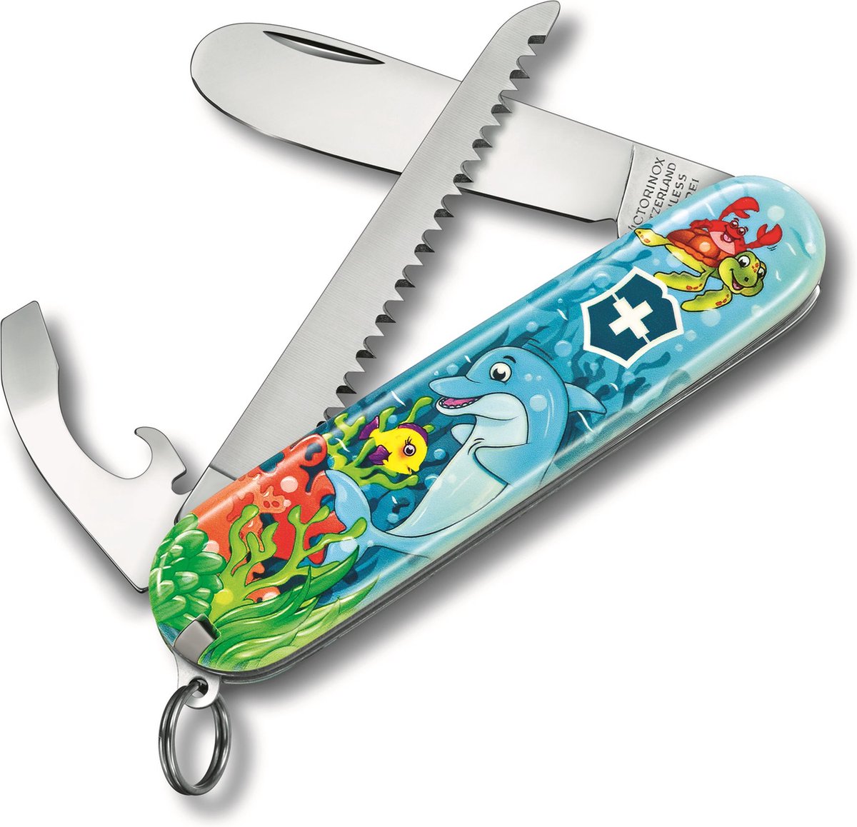 Victorinox mein erstes Junior-Taschenmesser – Delphin-Edition – 9 Funktionen – mit Umhängeband und Malbuch
