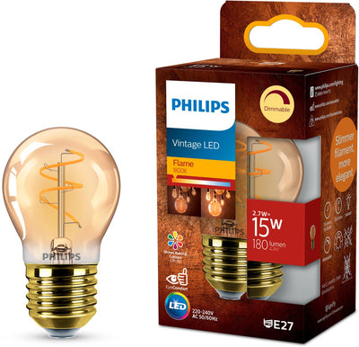 Philips LED Philips Vintage LED – dimmbare Lampe – 15 W – extra warmweißes Licht: 1800 K – E27-Fassung – bernsteinfarbenes Glas – Kugellampe