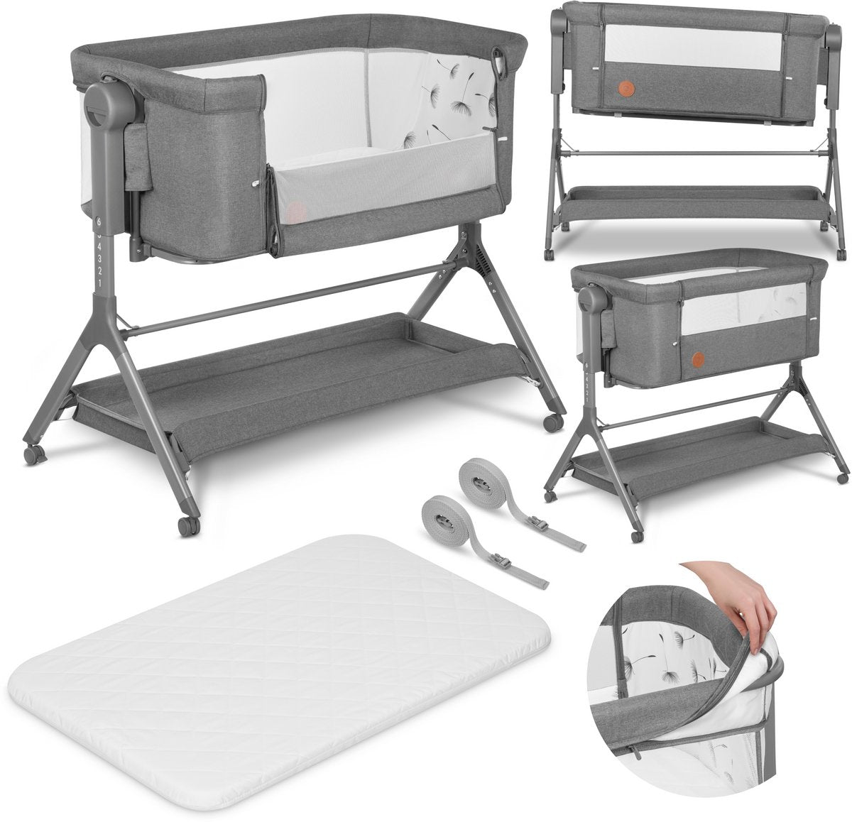 Lionelo Leonie Plus – Beistellbett 3 in 1 Kinderbett und Babybett – Kinderbett bis 9 kg – Höhenverstellung in 6 Stufen – Schaukelfunktion – T25-Matratze – Aufbewahrungskorb – Rollen – abnehmbare Bezüge
