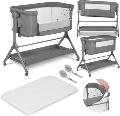 Lionelo Leonie Plus – Beistellbett 3 in 1 Kinderbett und Babybett – Kinderbett bis 9 kg – Höhenverstellung in 6 Stufen – Schaukelfunktion – T25-Matratze – Aufbewahrungskorb – Rollen – abnehmbare Bezüge