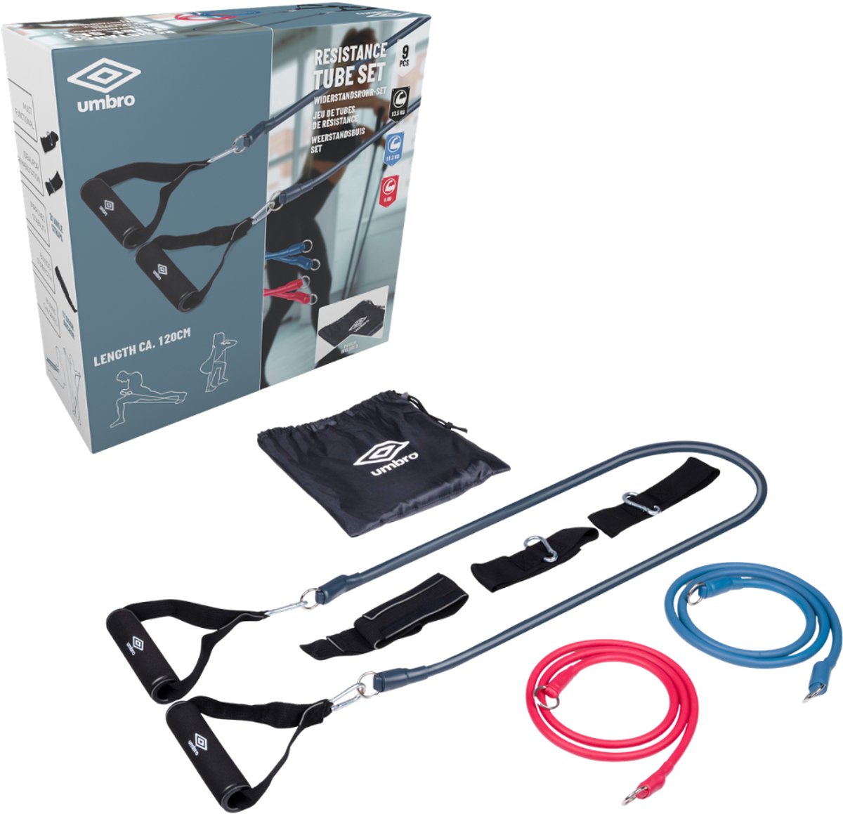 Umbro Widerstandsband-Set – Komplettset – 3 Ebenen – mit Griffen und Türanker – 120 cm