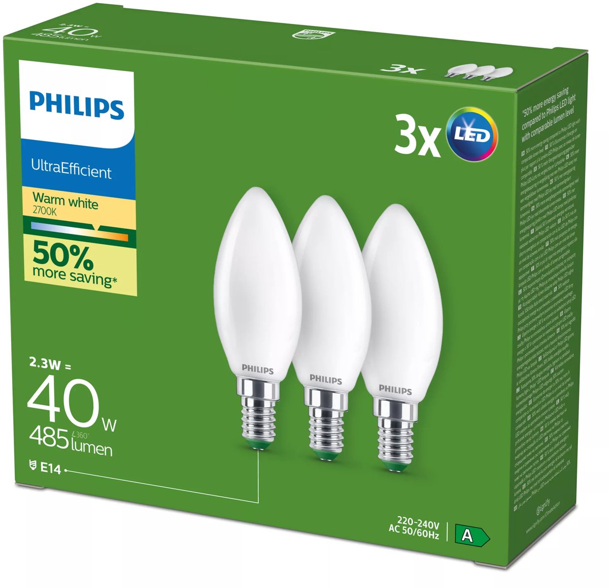 Philips Filament-Kerzenlampe matt 40 W B35 E14 x3