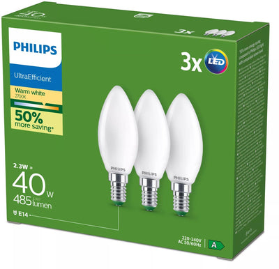Philips Filament-Kerzenlampe matt 40 W B35 E14 x3