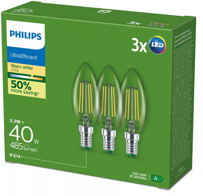 Philips LED Philips ultraeffiziente LED-Lampe transparent – ​​40 W – E14-Fassung – warmweißes Licht; 2700 K – ultraeffizient: Energielabel A – 3er-Pack
