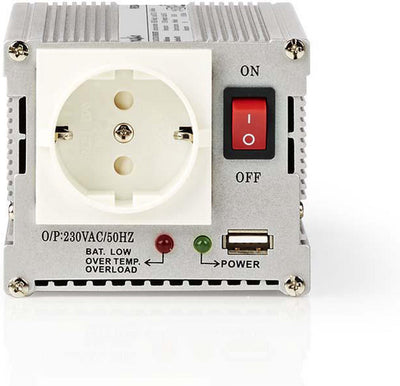 Nedis Wechselrichter modifizierte Sinuswelle – Eingangsspannung: 24 V DC – Gerätestromausgang: Typ F (CEE 7 3) USB-A – 230 V AC 50 Hz – 300 W – Spitzenleistung: 600 W – Batterieklemmen + Feuerzeug – Silber