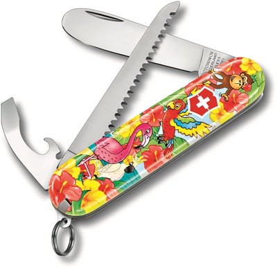 Victorinox mein erstes Junior-Taschenmesser – Papageien-Edition – 9 Funktionen – mit Umhängeband und Malbuch