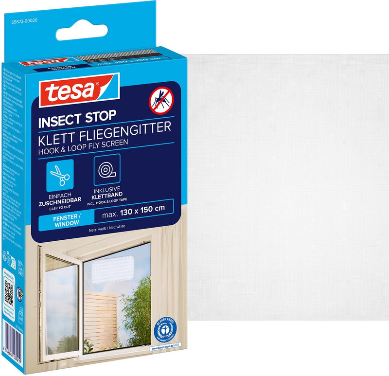 Tesa Insect Stop H L Fliegengitter für Fenster – Insektenschutz mit Klettverschluss, zuschneidbar, ohne Bohren – 1 Netz – 130 x 150 cm – weiß (leichter Sichtschutz)