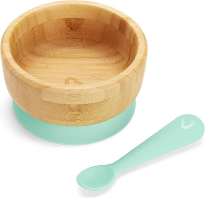 Munchkin Bambus-Geschirrset für Babys und Kleinkinder – Silikonlöffel und Schüssel mit Saugnapf – rutschfest – ab 6 Monaten