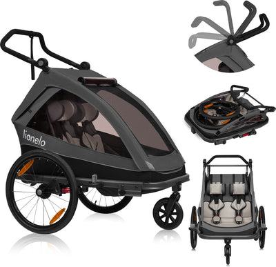 Lionelo cama 2in1 - fietsaanhanger en wandelwagen voor 2 persoons - zwart - all-terrain fietskar - hardloopkinderwagen - verstelbare vering - waterafstotend - inclusief accessoires - opvouwbaar - tot 2x22kg of 6 jaar - voor e-bikes en normale fietsen