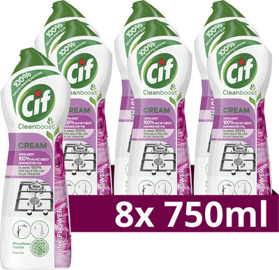 Cif – Cleanboost Schleifmittel – cremerosa Blume – mit 100 % natürlichen Inhaltsstoffen, 1 Produkt für 101 Oberflächen – 8 Flaschen x 750 ml