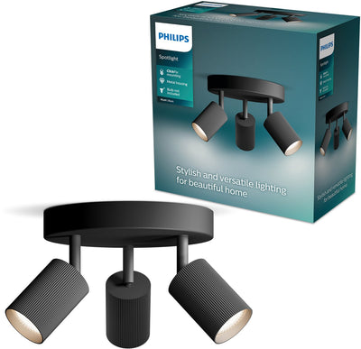 Philips Wyatt Aufbaustrahler – LED-Gu10-Fassung – ausrichtbar – 3 Lichtpunkte – runde Grundplatte – Clickfix – schwarz