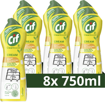 Cif – Cleanboost Schleifmittel – Creme-Zitrone – 100 % natürliche Inhaltsstoffe, 1 Produkt für 101 Oberflächen – 8 Flaschen x 750 ml