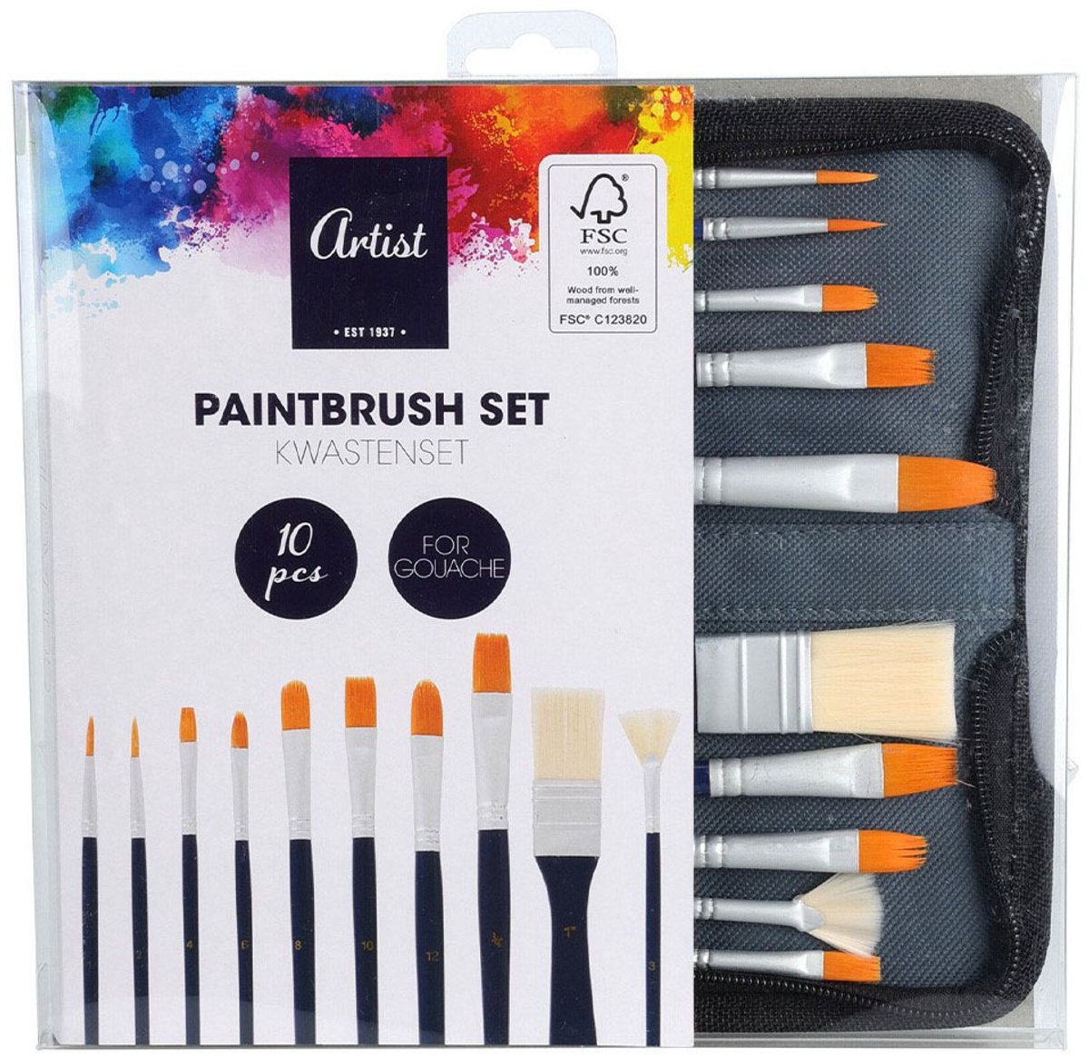Pinselset für Gouache in Speicherbeutel. 10st.