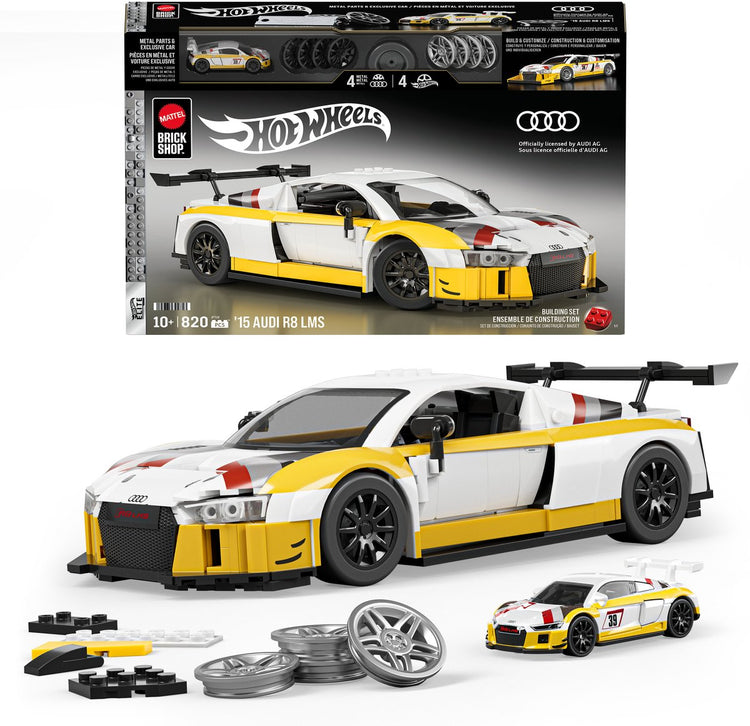 Mattel Brick Shop Hot Wheels Elite Series – '15 Audi R8 LMS Konstruktionsspielzeug – 820 Teile