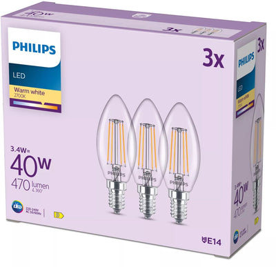 Philips Filament-Kerzenlampe, klar, 40 W, B35, E14 x3